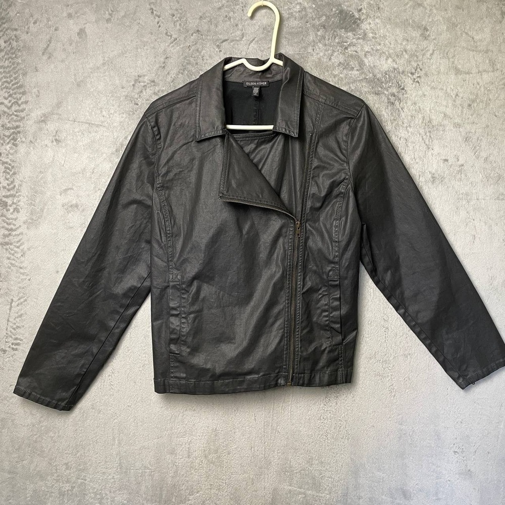 Eileen Fisher Black Coated Organic Cotton Moto Jacket Asymmetric Zip Large